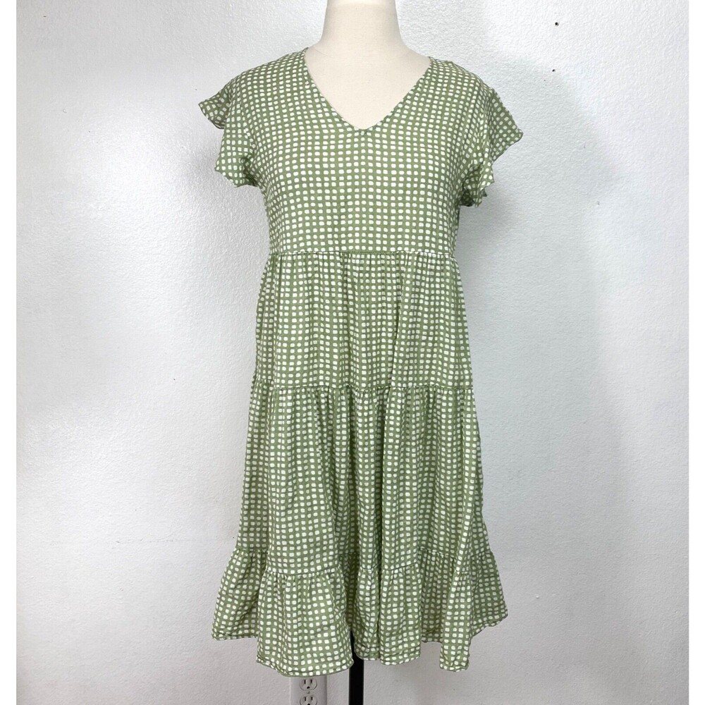 Indigo Soul Woman Green Gingham Dress Small Cotten Rayon Baby Doll Layers Summer